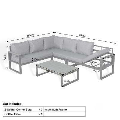CK-02 Dune Range LHF Corner Set Charcoal Aluminium Frame With Grey Cushions