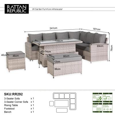 Monaco Range Right Hand Corner Sofa Set with Rising Table in Beige Grey Weave