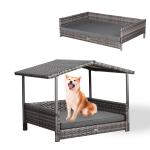 Bax Mice Wicker Raised Dog House / Rattan Dog Bed for Indoor/Outdoor with Removable Roof and Cushion in Grey
