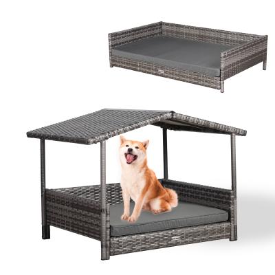 Bax Mice Wicker Raised Dog House / Rattan Dog Bed for Indoor/Outdoor with Removable Roof and Cushion in Grey