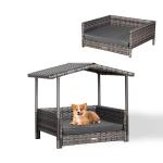 Bax Mice Wicker Raised Dog House / Rattan Dog Bed for Indoor/Outdoor with Removable Roof and Cushion in Grey