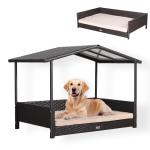 Bax Mice Wicker Raised Dog House /Rattan Dog Bed for Indoor/Outdoor with Weatherproof Roof and Removable Cushion Lounge in Brown Weave(Z4-Large)